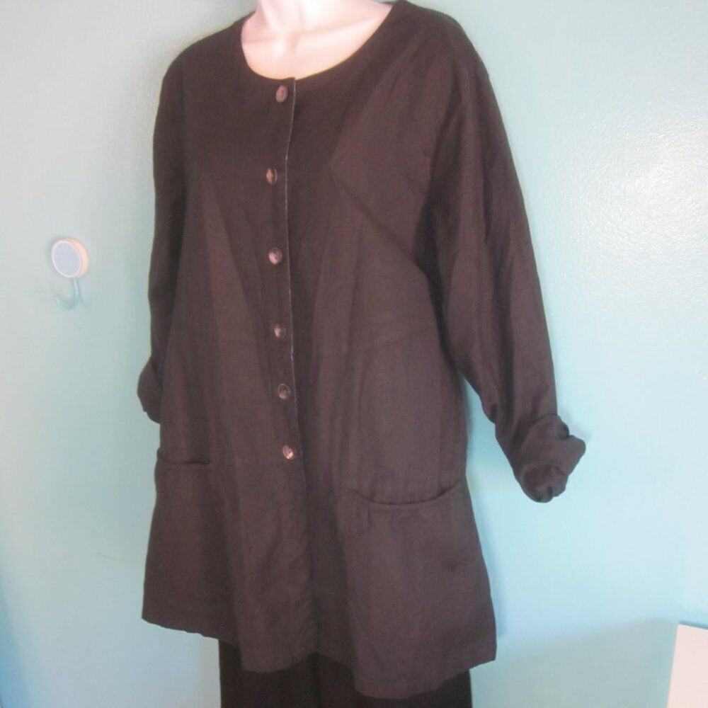Gudrun Sjoden Womens Size L Black Cotton Button Front Coat Tie Jacket 32" Tall